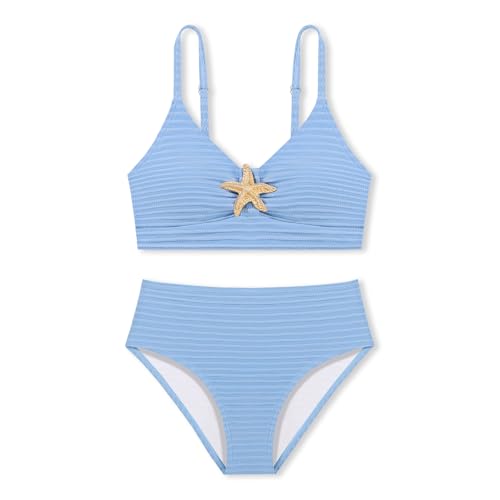 Luckrizyy Girls Swimsuit 2 Piece Bikini Sets V Neck High Waisted Textured Ruched Solid Chest Padded Beach Bathing Suits 7-16Y Blue