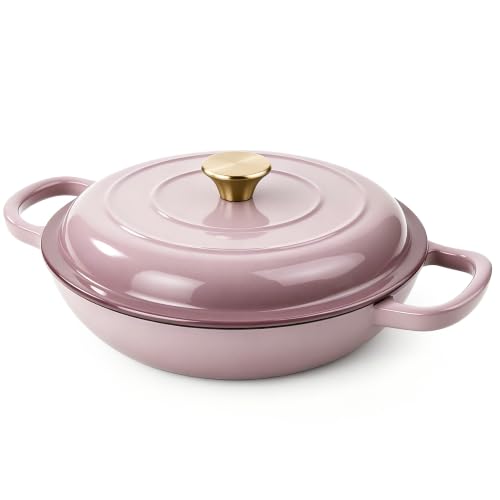 Vintage Style 3 Quart Enameled Cast Iron Braiser Non Stick Enameled Cast Iron Skillet with Lid Dutch Oven Skillet with lid up to 500F for Oven Stove Grill Shallow Dutch Oven for Cook Bake (Pink)
