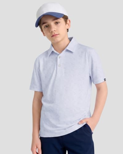 Boys Golf Polo Collared Print Short Sleeve Shirts Grey Sea Wave 14-16Y | Youth, Kids, Lightweight, Soft, Quick-dry, Breathable, Stretch, UPF 50+, Dress, Athletic, Casual, Active Shirts