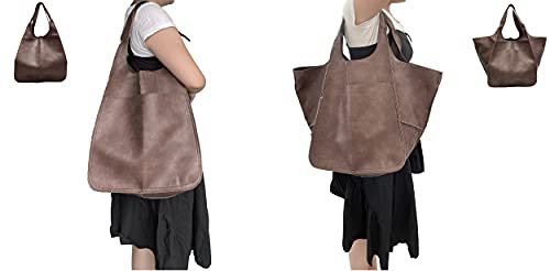 Oversized Soft Leather Shoulder Bag Foldable Hobo Bag Weekend Travel Tote (Coffee) #TOP4