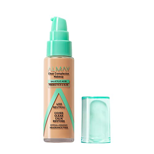 Almay Clear Complexion Acne Foundation Makeup with Salicylic Acid, Medium Coverage, Soft Matte Finish, Hypoallergenic, Cruelty- & Fragrance-Free, Dermatologist Tested, 400 Neutral, 1 fl oz
