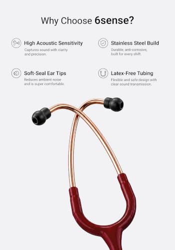 Image of Knya 6sense Stethoscope for Doctors & Residents | Tunable Diaphragm | Dual-Head Chest Piece for Adult & Pediatric Use | Lightweight Stainless Steel | Latex-Free Tubing | Soft-Seal Ear Tips | Premium Gift Box | for Medical Students (Rose Gold Maroon)