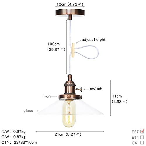 Luminaire suspendu réglable avec interrupteur en verre industriel