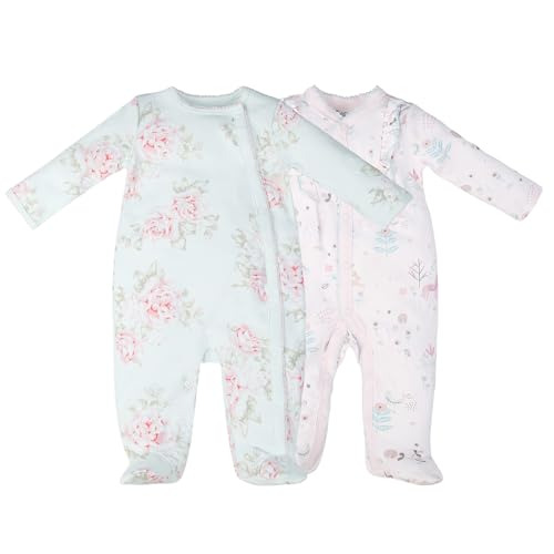 Image of Minicoco 100% Cotton Baby Girls Footies Set of 2, 0-12 Months Long Sleeve Soft and Comfortable Toddler Girls' Footed