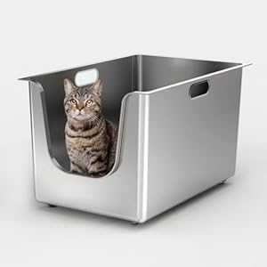 PTLOM Katzentoilette aus Edelstahl, 30 cm Hohe Seitenwände, XL-Metall-Katzentoilette mit Gebogenem, Niedrigem Einstieg, Katzenklo Edelstahl für Große Katzen und Mehrere Katzen