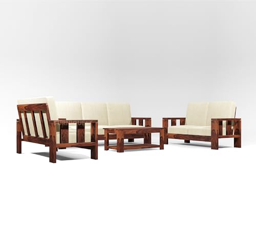 Image of Wooden Sofa Set 7 Seater for Living Room | Wooden Sofa Set | 7 Seater Sofa Set | Solid Sheesham Wood Sofa Set for Living Room Furniture (3+2+2 Natural Finish), Beige