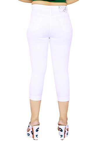 Image of FCK-3 Stretchable Denim Solid Mid Waist Knee Length Button Closure 5 Pocket Capree for Women