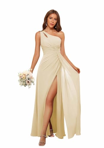 Clothfun Champagne Chiffon Bridesmaid Dresses with Pockets One Shoulder Long Pleated A-Line Formal Party Dress with Slit Size 8