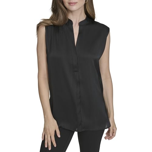 Halston Women's Solid V Neck Sleeveless Top, Black, Medium