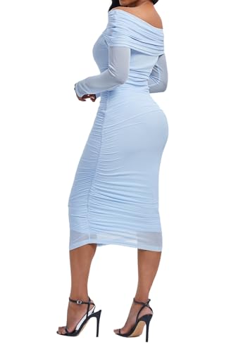 Women Off Shoulder Ruched Going Out Formal Club Bodycon Mesh Dress2