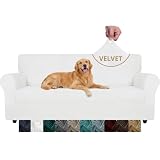 YEMYHOM Real Velvet Couch Covers for 3 Cushion Couch High Stretch 1 Piece Sofa Cover Pets Dogs Friendly Anti Slip Thickened Slipcovers Furniture Protector for Living Room (71'-91', White)
