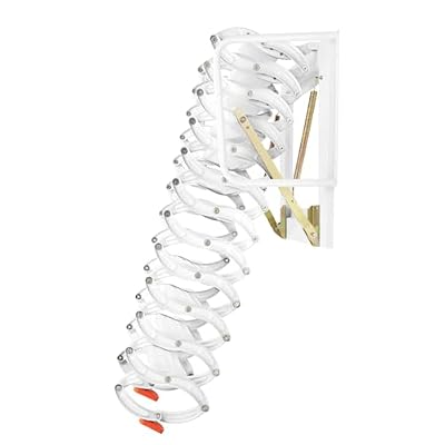 12-Step Wall-Mounted Attic Ladder, Al-Mg Alloy Collapsible Attic Ladder Pull Down System 880LBS Capacity Loft Stairs with Armrests (White)