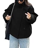 CHARTOU Women Crop Pea Coat Wool Blend Winter Loose Casual Short Jacket Outwear (Large, Black)