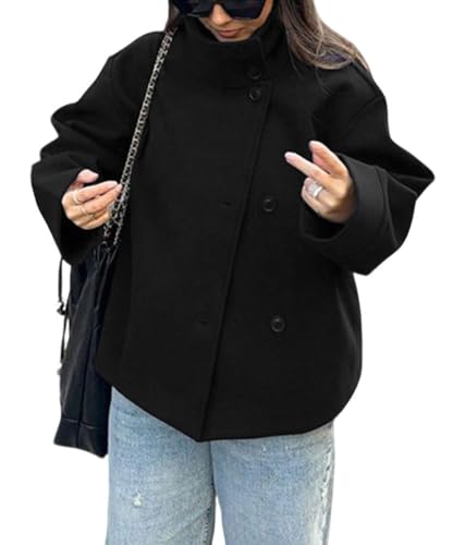 CHARTOU Women Crop Pea Coat Wool Blend Winter Loose Casual Short Jacket Outwear (Medium, Black)