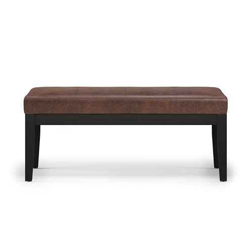 SIMPLIHOME Lacey 41 inch Wide Contemporary Rectangle Tufted Ottoman Bench in Distressed Chestnut Brown Vegan Faux Leather, Assembled, For the Living Room and Bedroom