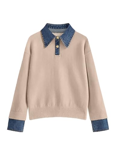 Image of Womens Denim Lapel Sweater Oversized Long Sleeve Button Down Polo Knit Pullover Sweaters 2025 Fall Outfits