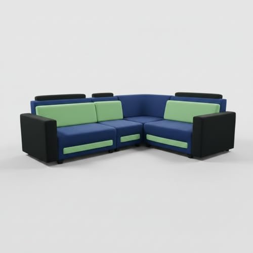 Image of APRODZ Wooden Sofa Set 6 Seater for Living Room, Solid Wood L Shape Sectional Sofa with Velvet Fabric Upholstery, Cushioned Seating for Home, Office & Lounge, Blue, Black & Green