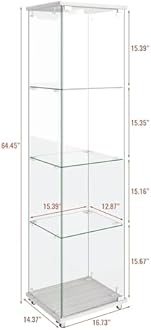 Maotifeys Modern Glass Display Cabinet 4-Shelf with LED Light, Lock and Wheels, 1 Door Curio Cabinets, Tempered Glass Collection Display Showcase for Living Room Home Office,White