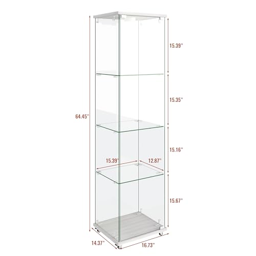 Maotifeys Modern Glass Display Cabinet 4-Shelf with LED Light, Lock and Wheels, 1 Door Curio Cabinets, Tempered Glass Collection Display Showcase for Living Room Home Office,White