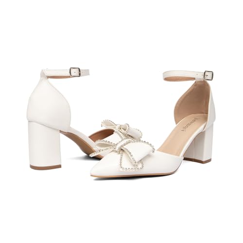 Women's White Ankle Lace Up Pointed Toe Rhinestone Prom Bow Banquet Shoes Dress Shoes Wedding Bridal Party High Heels2