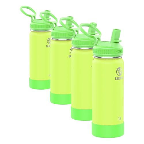 Image of Takeya Actives Kids Glow-in-the-Dark Water Bottle with Straw Lid with BPA-Free Lid - Reusable & Dishwasher-Safe Water Bottle - 18 oz, Lightning Green (Pack of 4)