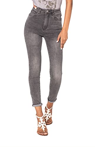 Nina Carter P190 Pantalon en jean pour femme Coupe skinny Taille extra haute Jeans look usé, Gris (P190-17), M