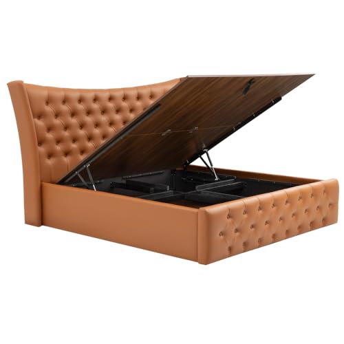 Image of Wakefit Bed | King (78 X 72) Solid Wood Bed, Upholstered, Hydraulic, 3 Year Warranty | - Lovejoy - Tan Brown