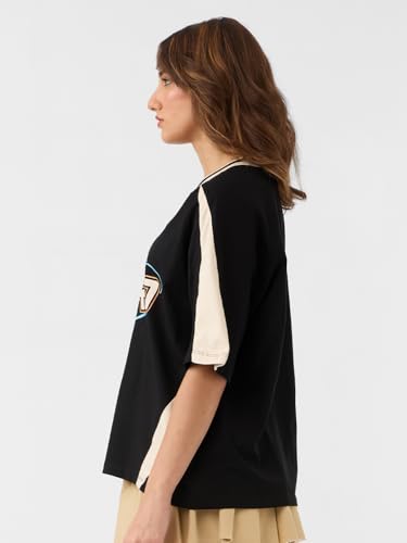 Image of The Souled Store ISRO: Space Women and Girls Short Sleeves V-Neck Black Graphic Printed Cotton Oversized T-Shirt