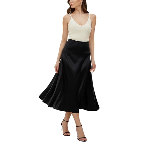 Designer Women Vibrant High Waist Side Zipper Skirt Versatile Flared A-Line Silky Thick Satin Midi Skirts