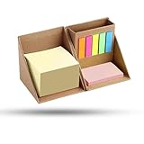Sticky Notes Organizer Cube with Pen Holder, 3-in-1 Memo Pad Set with 300 Yellow Notes, 50 Pink Pads & 125 Translucent Tabs, Portable Desk Organizer for Home, School, and Office Desk (Brown)