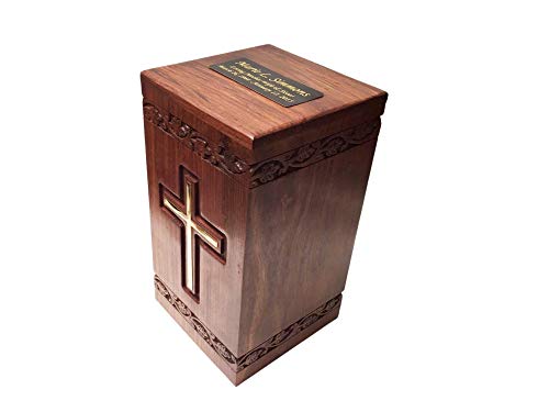 NWA Wooden Adult Size Human Funeral Cremation Urn with Solid Brass Cross and Engraved Plaque - Thumbnail 3