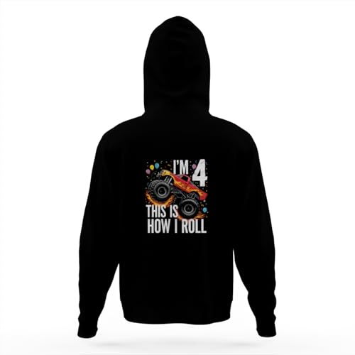 Vintage 4 Year Old Shirt 4th Birthday Boy Monster Truck Car Hoodies for Teen Girls Boys Kangaroo Pocket Sweatshirt4