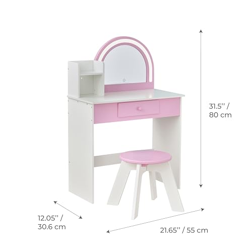 Image of Teamson Kids Rose Shine Play Vanity Set, White /Pink, Ages 3+ | Built-in LED Strip Lights, Touch Sensor Mirror, 2-in-1 Vanity & Desk, Modern Pretend Makeup Table, Includes Stool