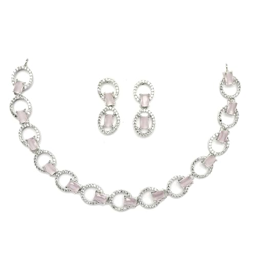 Image of ZENEME Rhodium-Plated American Diamond Studded Disc-Shaped Necklace With Earrings Jewellery Set For Girls and Women