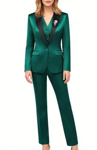 Kelyaa Women's 3 Pieces Satin Suit Lady's Black Peak Lapel One Button Fashion Outfits Casual Party Wedding Blazer Jacket Vest and Pants Set