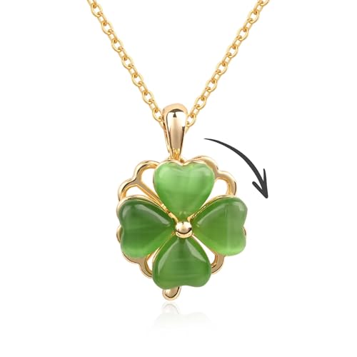 Umimiss Collar de jade – Collar de trébol de cuatro hojas, collar de jade para mujer, collar de corazón de la suerte de 4 hojas, collar con colgante verde esmeralda, collar giratorio de trébol de la