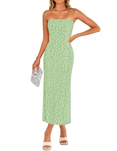 ZESICA Women's 2025 Summer Boho Floral Strapless Bodycon Dress Off Shoulder Tube Beach Party Long Midi Dresses,Green,Small