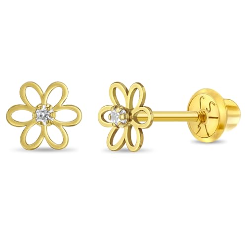14k Yellow Gold Dainty Cubic Zirconia Young Girls Open Flower Earrings with Safety Screw Backs - Small Flower Stud Earrings for Toddlers with Locking Screw Backs for Safety & Comfort