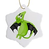 3 inch Snowflake Porcelain Ornament - Shy Green and Black Pterodactyl Flying Dinosaur Illustration Illustrations