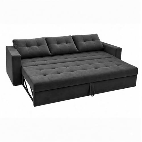 Image of FURNY Tressa 3 Seater Fabric Pull-Out Sofa Cum Bed Function (Dark Gray) | Luxury Velvet Suede Finish | Durable Comfort Sofa Bed for Modern Living Room & Office Spaces