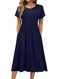 HOTOUCH Casual Summer Dress for Women 2026 High Waisted Short Petal Sleeve Tshirt Dresses Elegant Swing A-Line Dress,Navy，Medium