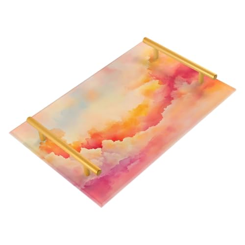 GUIJI Peach Color Background Acrylic Tray, Perfume Cosmetic Jewelry Decorative Trays Bathtub Organizer, Living Room Kitchen Serving Tray with Gold Handles