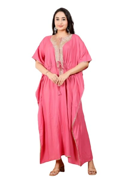 “Glam Pink Rayon Kaftan for Women | Gold Embroidered Neckline, Drawstring Waist.-image-37
