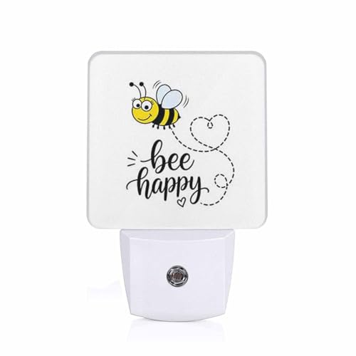 Image of LED Night Light,Bee Happy Funny Text Quote Cute Fat Bee LED Night Light Plug into Wall with Dusk to Dawn Light Sensor White Energy Efficient Nightlight for Bedroom Bathroom Hallway Living Room Kitchen