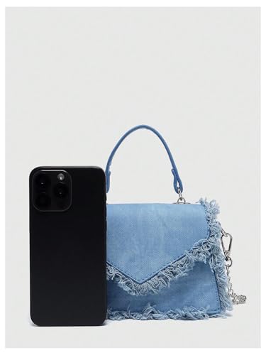 Image of QWINEE Women's Fringe Hobo Bag Tassel Trim Small Denim Bag Vegan Suede Tassel Hippie Crossbody Bag