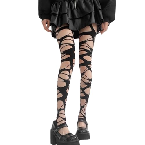 Halloween Gothic Ripped Stockings Halloween Y2k Ragged Pantyhose Hosiery Cosplay Punk Stockings for Halloween Cosplay Party (US Numeric 0 Regular Regular Black)