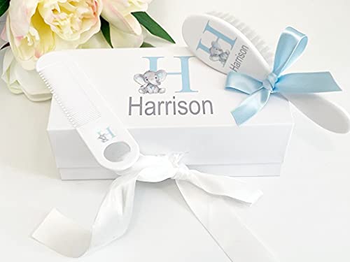 Personalized Boys Baby Brush and Comb Set, Elephant Boy Gift, Custom Babies Gifts for Newborn Boys. ECO Friendly Inks.