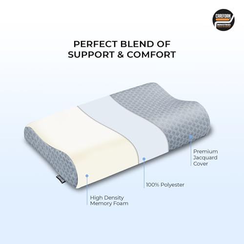 Image of CareFoam Cervical Memory Foam Pillow for Neck Support | 2-Year Manufacturing Warranty | Orthopedic Contour Pillow for Cervical Spine Alignment & Shoulder Support | Made in India | 19 x 11 x 3.5 Inch