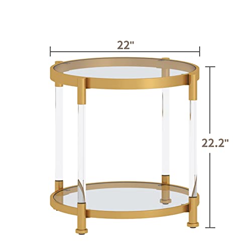 Oiog 2 Tier Round End Table, Gold Accent Side Table With Glass Top, Modern Nightstand For Living Room, Bedroom, Glass/Gold #TOP1