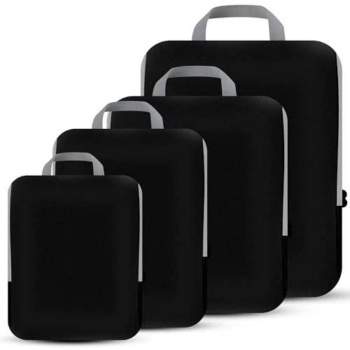 4 Set Compression Packing Cubes Travel – Travel Accessories Expandable Packing Organizers for Carry On – Essentials Luggage Bags – Black